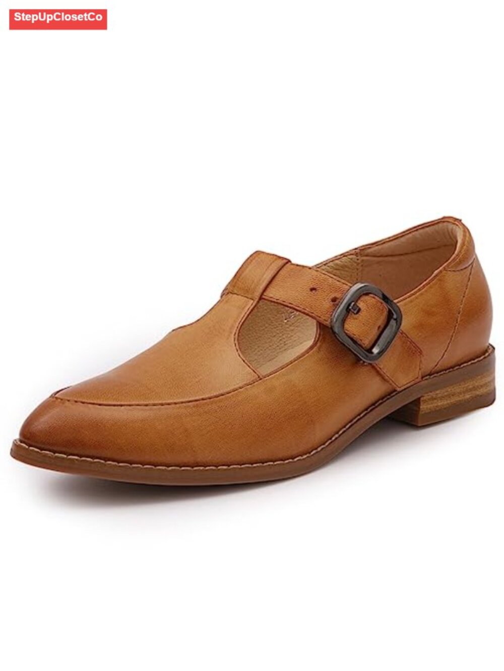 Sheepskin Leather Pointed Toe T Strap Mary Jane Loafer Office Flat